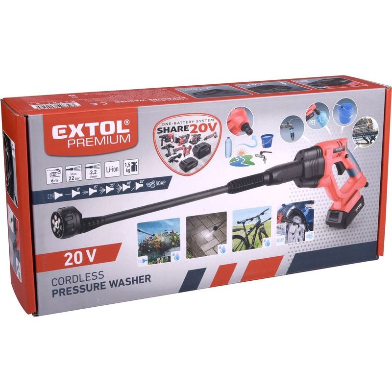 EXTOL PREMIUM ČISTIČ TLAKOVÝ AKU SHARE20V, 20V LI-ION, 2000MAH, 8891858 - AKU VYSOKOTLAKÝ ČISTIČ - VAPKA - AKU NÁŘADÍ