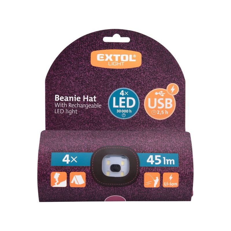 EXTOL LIGHT ČEPICE S ČELOVKOU 4X45LM, USB NABÍJENÍ, FIALOVÁ/ČERNÁ, UNIVERZÁLNÍ VELIKOST, 100% ACRYL, 43461 - ČEPICE, KŠILTOVKY, PONOŽKY A JINÉ - PŘÍSLUŠENSTVÍ