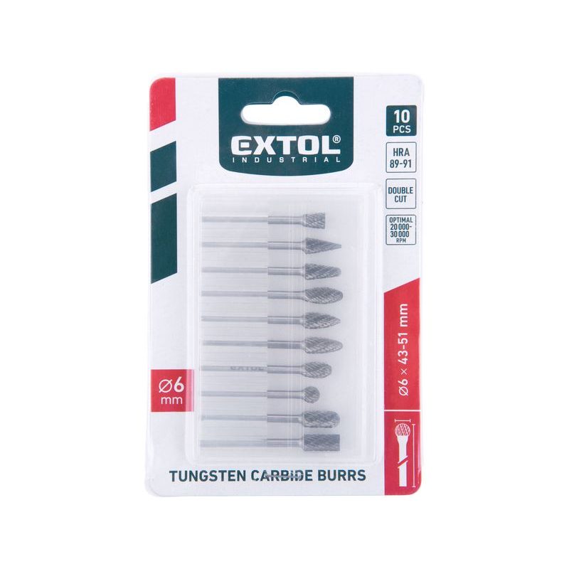 EXTOL INDUSTRIAL FRÉZY KARBIDOVÉ, SADA 10KS, ⌀6X13MM, ⌀STOPKY 3MM, SEK STŘEDNÍ (DOUBLE-CUT), 8703810 - STOPKOVÉ FRÉZKY - PŘÍSLUŠENSTVÍ
