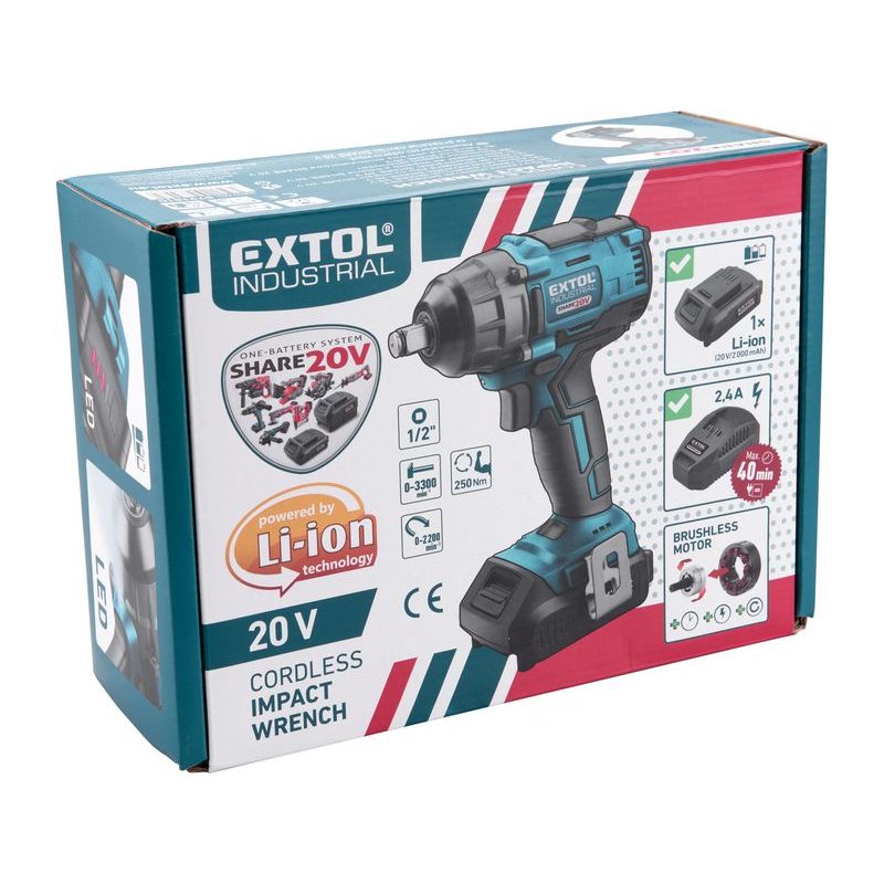 EXTOL INDUSTRIAL UTAHOVÁK RÁZOVÝ 1/2" AKU SHARE20V, 250NM, BRUSHLESS, 20V LI-ION, BEZ BATERIE A NABÍJEČKY, 8791811 - RÁZOVÝ UTAHOVÁK 20 - 60 V - AKU NÁŘADÍ