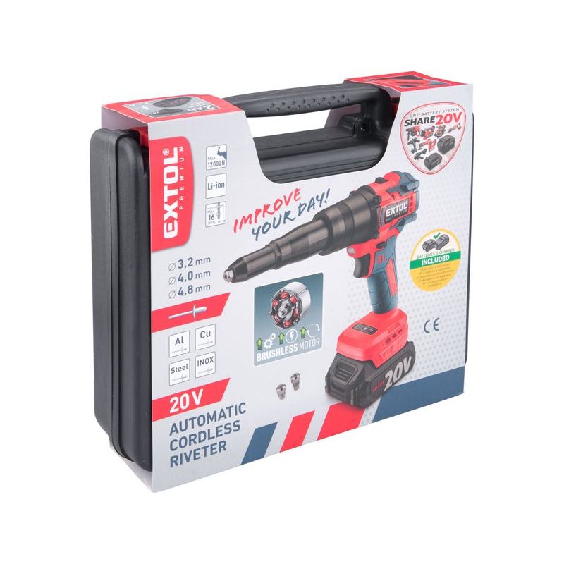 EXTOL PREMIUM PISTOLE NÝTOVACÍ AKU SHARE20V, BRUSHLESS, 2AH, 8891868 - AKU SPECIALITY - AKU NÁŘADÍ