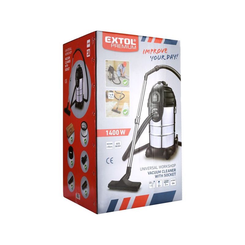 EXTOL PREMIUM VYSAVAČ DÍLENSKÝ, MULTIFUNKČNÍ SE ZÁSUVKOU A FUNKCÍ ČIŠTĚNÍ FILTRU, 30L, 6M KABEL, 3M HADICE, 1400W, 8895800 - VYSAVAČE PRO SUCHÉ I MOKRÉ SÁNÍ - ELEKTRICKÉ NÁŘADÍ