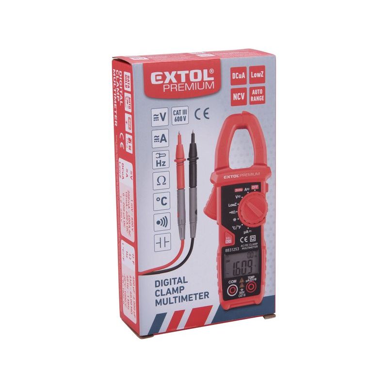 EXTOL PREMIUM MULTIMETR DIGITÁLNÍ, KLEŠŤOVÝ, AC/DC PROUD A NAPĚTÍ, TRUE RMS, LOWZ, AUTOMATICKÁ VOLBA ROZSAHŮ, 8831253 - ZKOUŠEČKY NAPĚTÍ, MULTIMETRY - MĚŘÍCÍ TECHNIKA