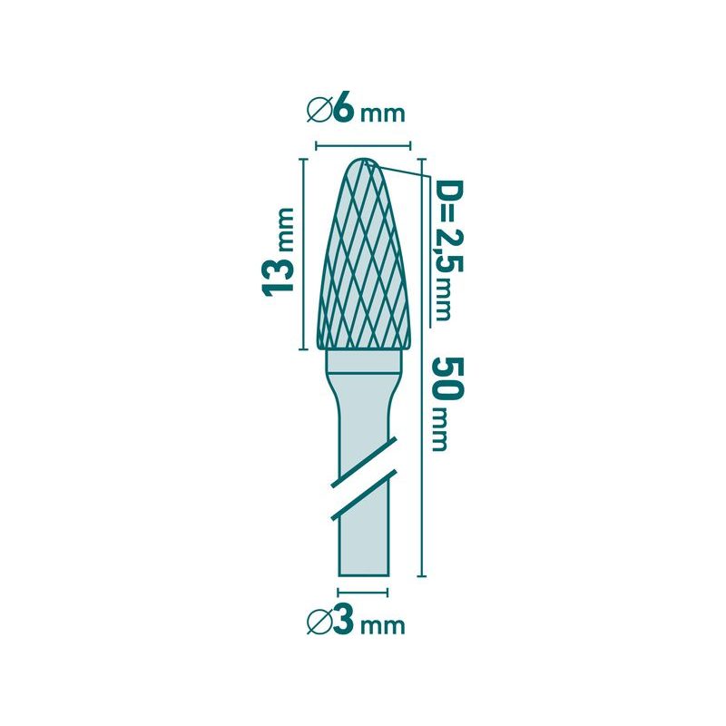 EXTOL INDUSTRIAL FRÉZA KARBIDOVÁ, KULATÝ OBLOUK, ⌀6X13MM, ⌀STOPKY 3MM, SEK STŘEDNÍ (DOUBLE-CUT), 8703853 - STOPKOVÉ FRÉZKY - PŘÍSLUŠENSTVÍ
