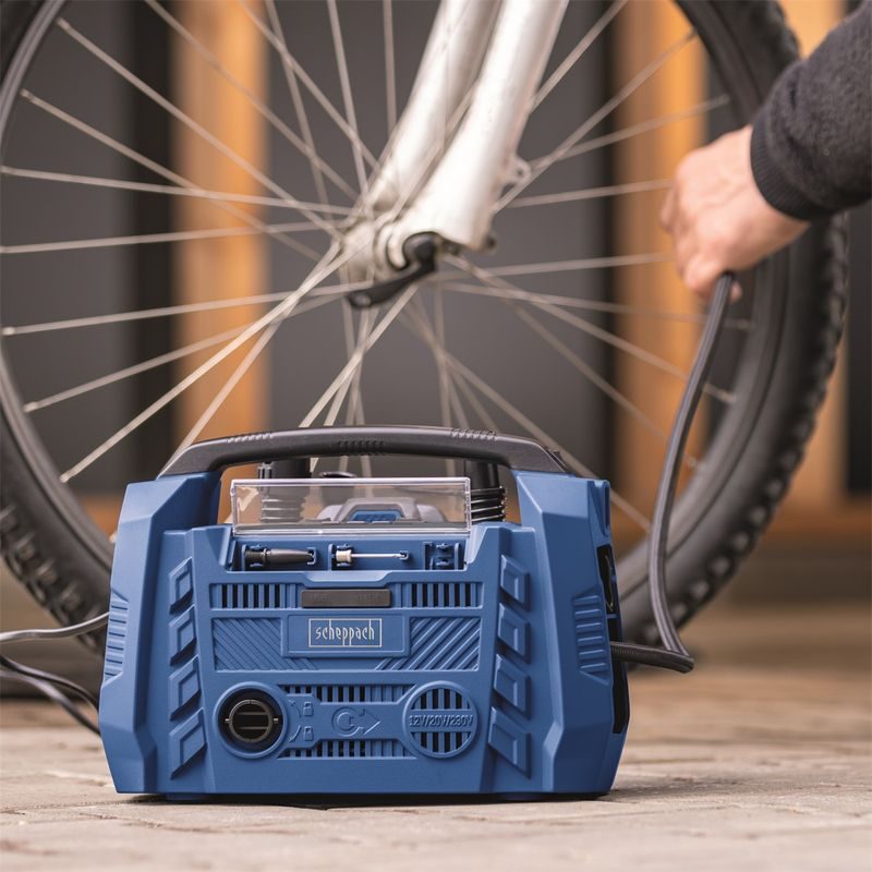 SCHEPPACH AIR FORCE 6-SET S HYBRIDNÍ KOMPRESOR (20 V IXES AKU, 12 V, 230 V) + 2AH BATERIE + NABÍJEČKA 2,4 A - AKU KOMPRESORY - AKU NÁŘADÍ