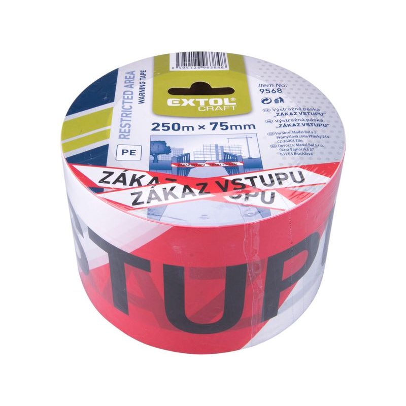 EXTOL CRAFT PÁSKA VÝSTRAŽNÁ ČERVENO-BÍLÁ, 75MM X 250M, PE, S NÁPISEM ZÁKAZ VSTUPU PO CELÉ DÉLCE PÁSKY, 9568 - ODVÍJEČE A LEPÍCÍ PÁSKY - DÍLNA A GARÁŽ