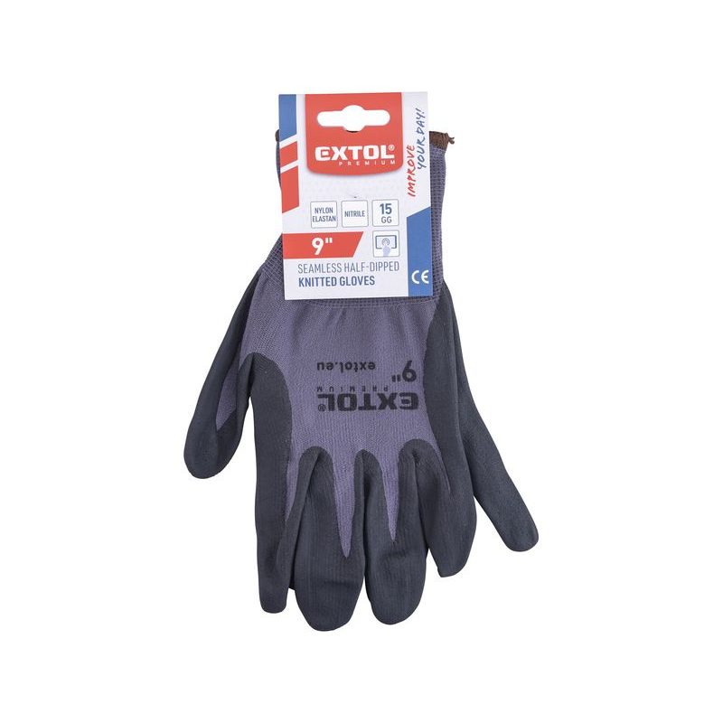 EXTOL PREMIUM RUKAVICE NYLONOVÉ, BEZEŠVÉ, POLOMÁČENÉ V NITRILU, VELIKOST 9", 8856681 - RUKAVICE Z POLYESTERU - PŘÍSLUŠENSTVÍ