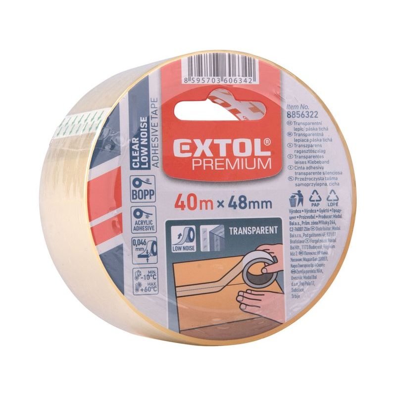 EXTOL PREMIUM PÁSKA LEPICÍ TICHÁ, TRANSPARENTNÍ, 48MM X 40M TL.0,046MM, PP/AKRYL LEPIDLO, 8856322 - ODVÍJEČE A LEPÍCÍ PÁSKY - DÍLNA A GARÁŽ