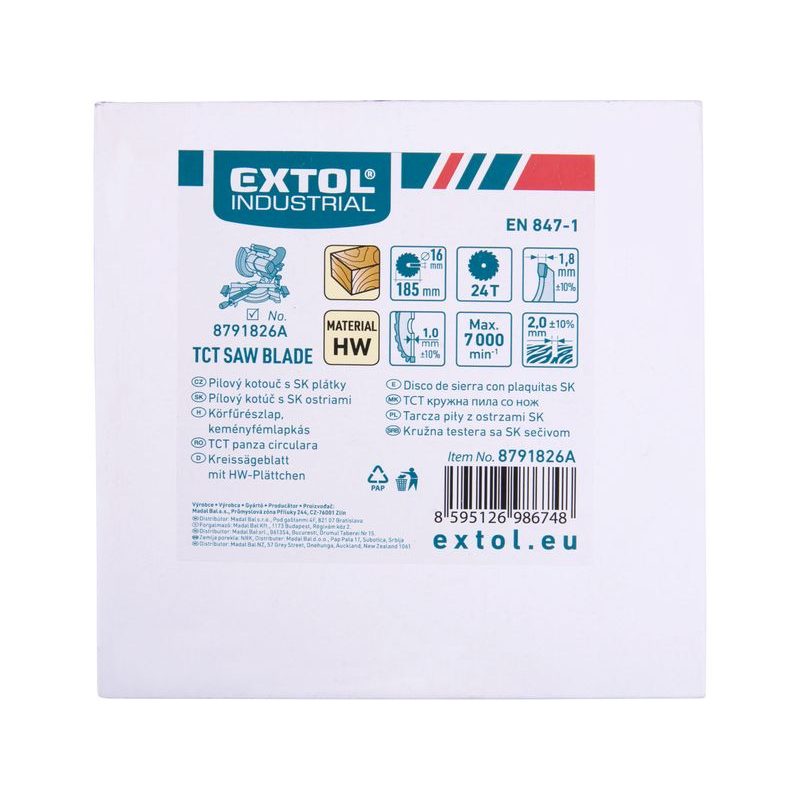 EXTOL INDUSTRIAL KOTOUČ PILOVÝ S SK PLÁTKY, 185X1,8X16MM, 24T, 8791826A - PRO PILY EXTOL - NÁHRADNÍ DÍLY