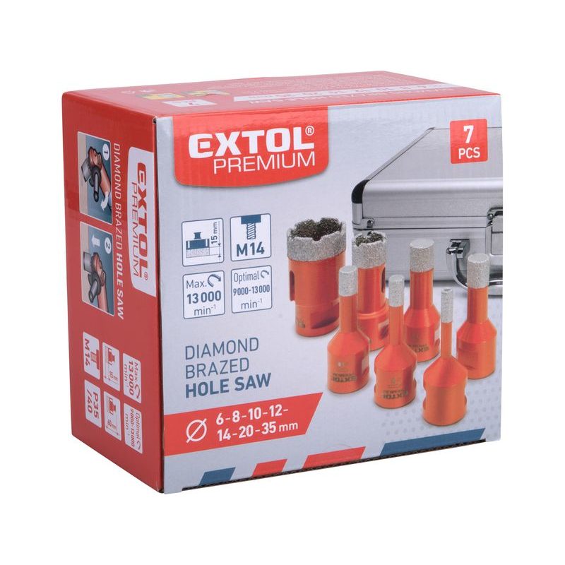 EXTOL PREMIUM SADA 7KS VYKRUŽOVACÍCH DIAMANTOVÝCH KORUNEK, O 6-8-10-12-14-20-35MM, ZÁVIT M14, 8802991 - DIAMANTOVÉ KORUNKY - PŘÍSLUŠENSTVÍ