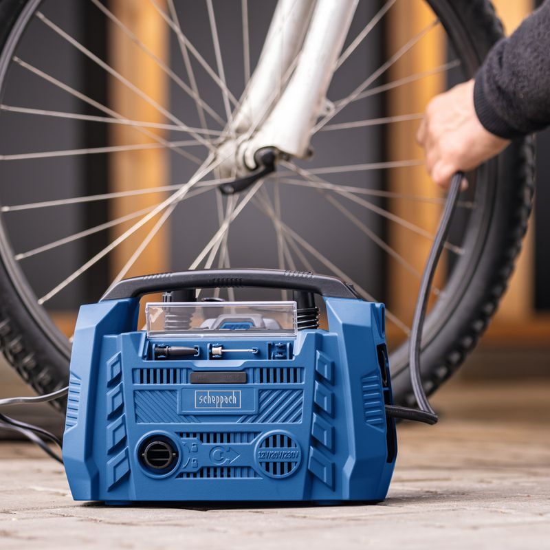 SCHEPPACH AIR FORCE 6-SET S HYBRIDNÍ KOMPRESOR (20 V IXES AKU, 12 V, 230 V) + 2AH BATERIE + NABÍJEČKA 2,4 A - AKU KOMPRESORY - AKU NÁŘADÍ