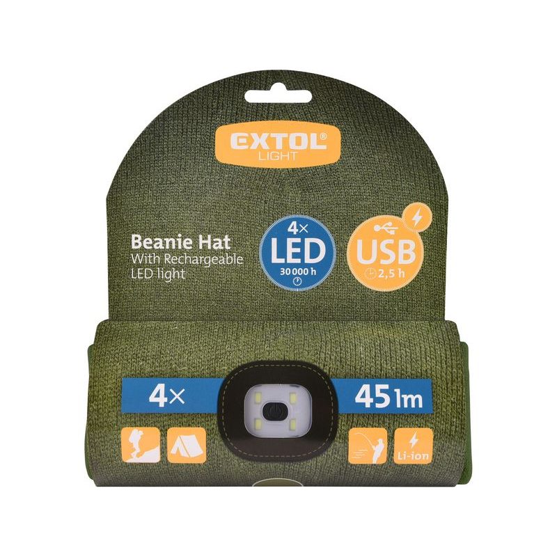 EXTOL LIGHT ČEPICE S ČELOVKOU 4X45LM, USB NABÍJENÍ, TMAVĚ ZELENÁ, UNIVERZÁLNÍ VELIKOST, 73% ACRYL A 27% POLYESTER, 43192 - ČEPICE, KŠILTOVKY, PONOŽKY A JINÉ - PŘÍSLUŠENSTVÍ