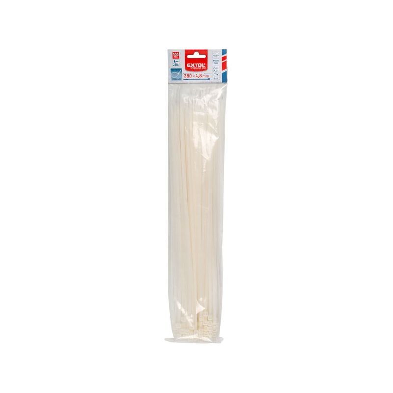 EXTOL PREMIUM PÁSKY STAHOVACÍ NA KABELY BÍLÉ, 380X4,8MM, 100KS, NYLON PA66, 8856114 - STAHOVACÍ PÁSKY, ZDRHY - DÍLNA A GARÁŽ