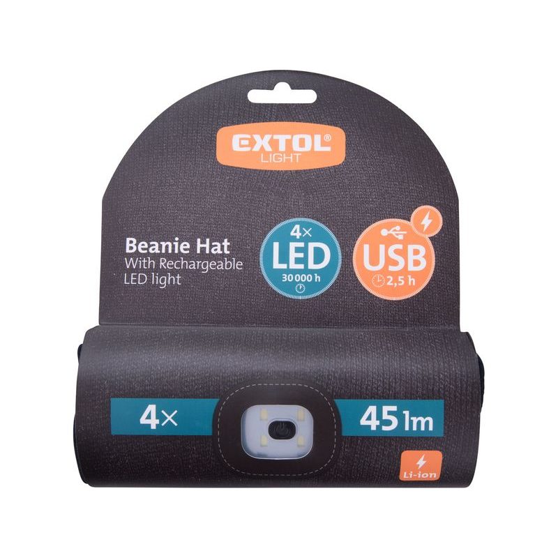 EXTOL LIGHT ČEPICE S ČELOVKOU 4X45LM, USB NABÍJENÍ, ČERNÁ, UNIVERZÁLNÍ VELIKOST, 73% ACRYL A 27% POLYESTER, 43199 - ČEPICE, KŠILTOVKY, PONOŽKY A JINÉ - PŘÍSLUŠENSTVÍ