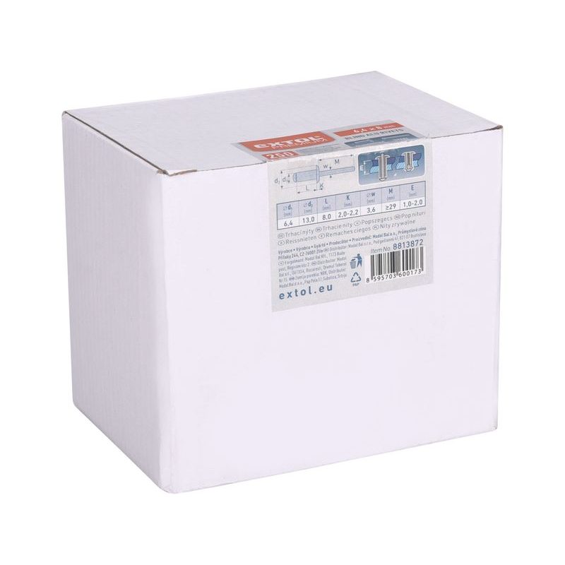 EXTOL PREMIUM NÝTY TRHACÍ HLINÍKOVÉ SADA 250KS, O 6,4X8MM PLOCHÁ HLAVA, 8813872 - PRO NÝTOVAČKY - PŘÍSLUŠENSTVÍ