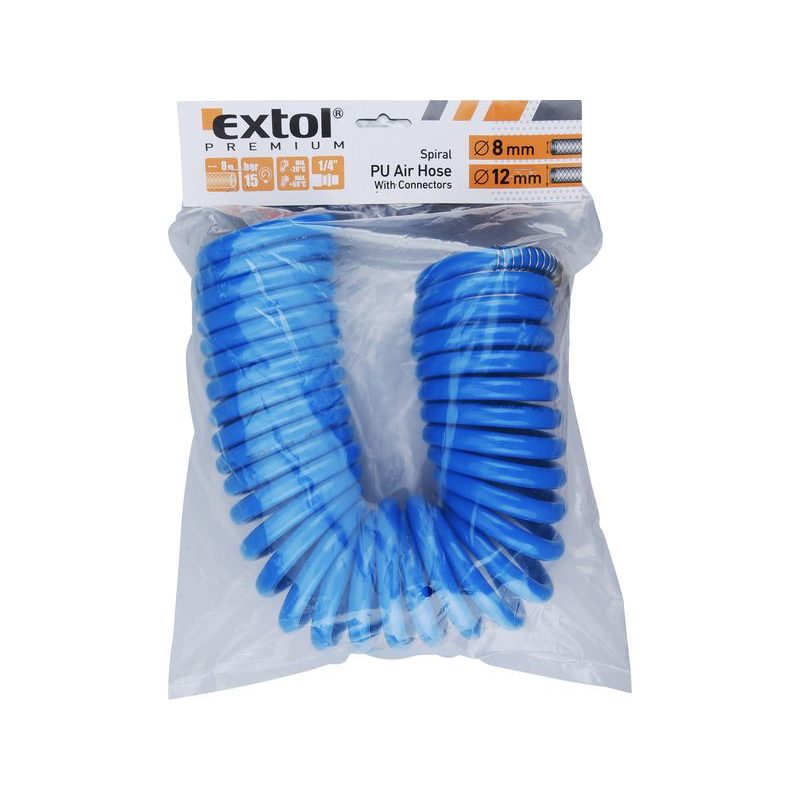 EXTOL PREMIUM HADICE VZDUCHOVÁ SPIRÁLOVÁ PU S MOSAZNÝMI RYCHLOSPOJKAMI, 1/4", VNITŘNÍ ⌀8MM, L 8M, 8865135 - TLAKOVÉ VZDUCHOVÉ HADICE - PNEU NÁŘADÍ
