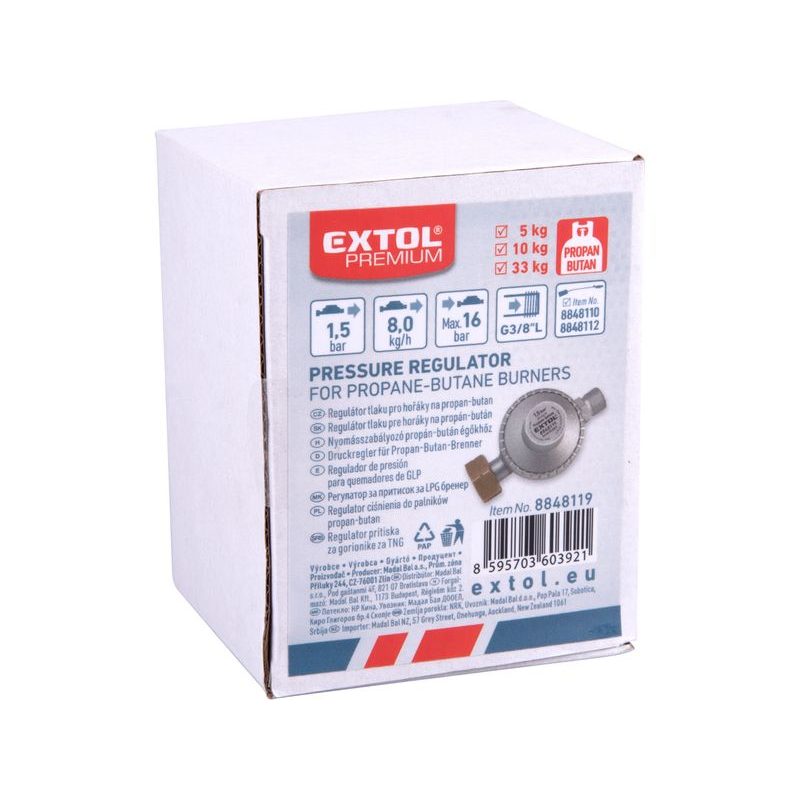 EXTOL PREMIUM REGULÁTOR TLAKU PRO HOŘÁKY NA PROPAN-BUTAN, 1,5BAR, VÝSTUP ZÁVIT G3/8"L, 8848119 - HOŘÁKY NA PLYN - DÍLNA A GARÁŽ