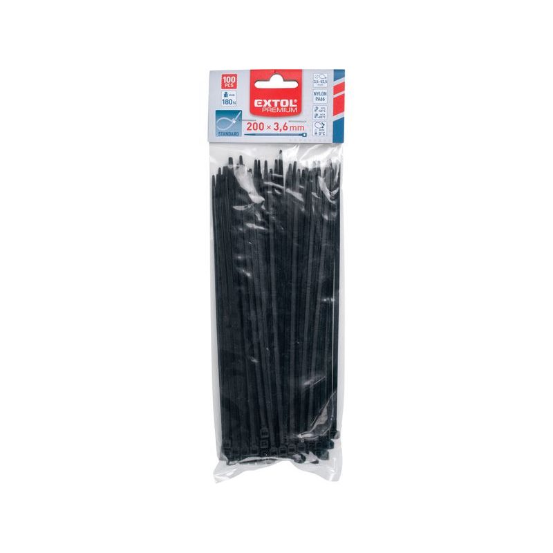 EXTOL PREMIUM PÁSKY STAHOVACÍ NA KABELY ČERNÉ, 200X3,6MM, 100KS, NYLON PA66, 8856156 - STAHOVACÍ PÁSKY, ZDRHY - DÍLNA A GARÁŽ