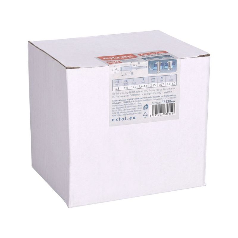 EXTOL PREMIUM NÝTY TRHACÍ HLINÍKOVÉ SADA 500KS, O 4,8X12,7MM PLOCHÁ HLAVA, 8813864 - PRO NÝTOVAČKY - PŘÍSLUŠENSTVÍ