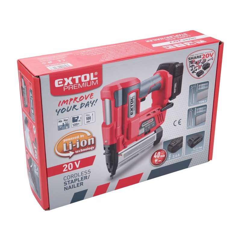 EXTOL PREMIUM PLFNL-725 HŘEBÍKOVAČKA/SPONKOVAČKA AKU SHARE20V, 20V LI-ION, BEZ BATERIE A NABÍJEČKY, 8891861 - AKU SPONKOVAČKY, HŘEBÍKOVAČKY - AKU NÁŘADÍ