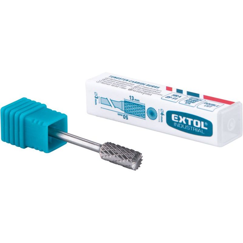 EXTOL INDUSTRIAL FRÉZA KARBIDOVÁ, VÁLCOVÁ S ČELNÍM OZUBENÍM, ⌀6X13MM, ⌀STOPKY 3MM, SEK STŘEDNÍ (DOUBLE-CUT), 8703813 - STOPKOVÉ FRÉZKY - PŘÍSLUŠENSTVÍ