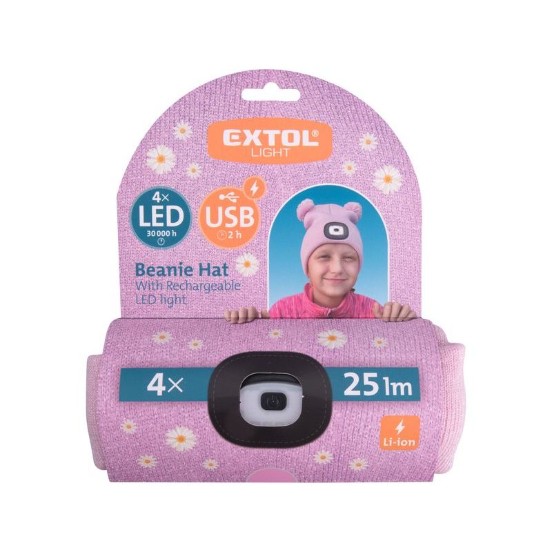 EXTOL LIGHT ČEPICE S ČELOVKOU 4X25LM, USB NABÍJENÍ, RŮŽOVÁ SE TŘPYTKOU A BAMBULEMI, DĚTSKÁ, 70% ACRYL A 30% POLYESTER, 43458 - ČEPICE, KŠILTOVKY, PONOŽKY A JINÉ - PŘÍSLUŠENSTVÍ