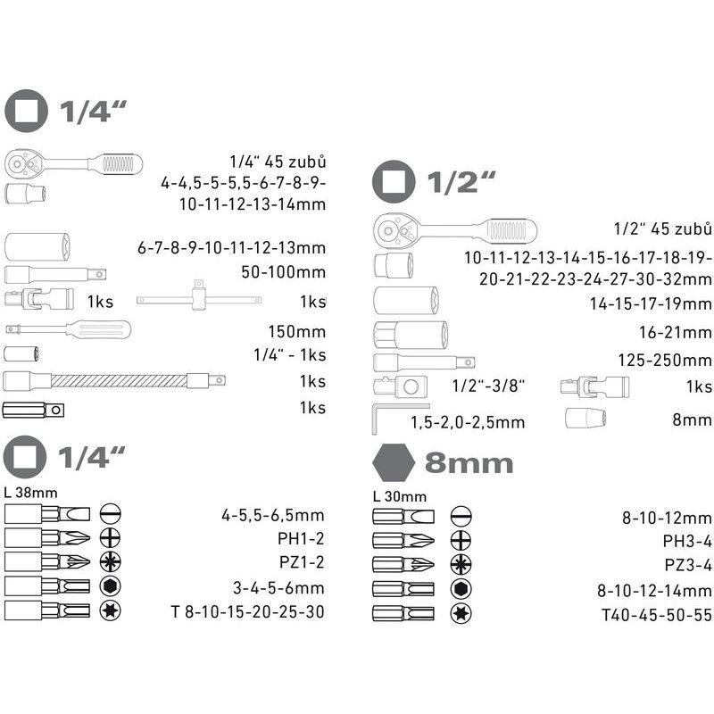 EXTOL CRAFT HLAVICE NÁSTRČNÉ, SADA 94KS, 1/4", 1/2", 918094 - SADY NÁŘADÍ - RUČNÍ NÁŘADÍ