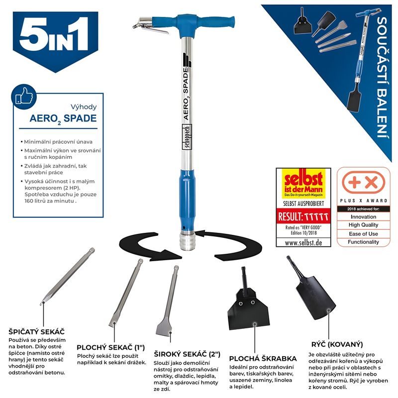 SCHEPPACH AERO 2 SPADE PNEUMATICKÝ MULTIFUNKČNÍ NÁSTROJ 5 V 1 - PNEU SEKACÍ KLADIVA - PNEU NÁŘADÍ