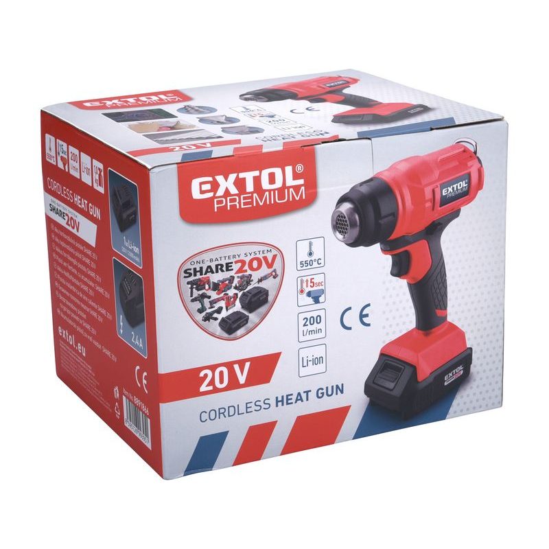 EXTOL PREMIUM PISTOLE HORKOVZDUŠNÁ AKU SHARE20V, 550°C, 20V LI-ION, 2AH, 8891866 - AKU SPECIALITY - AKU NÁŘADÍ
