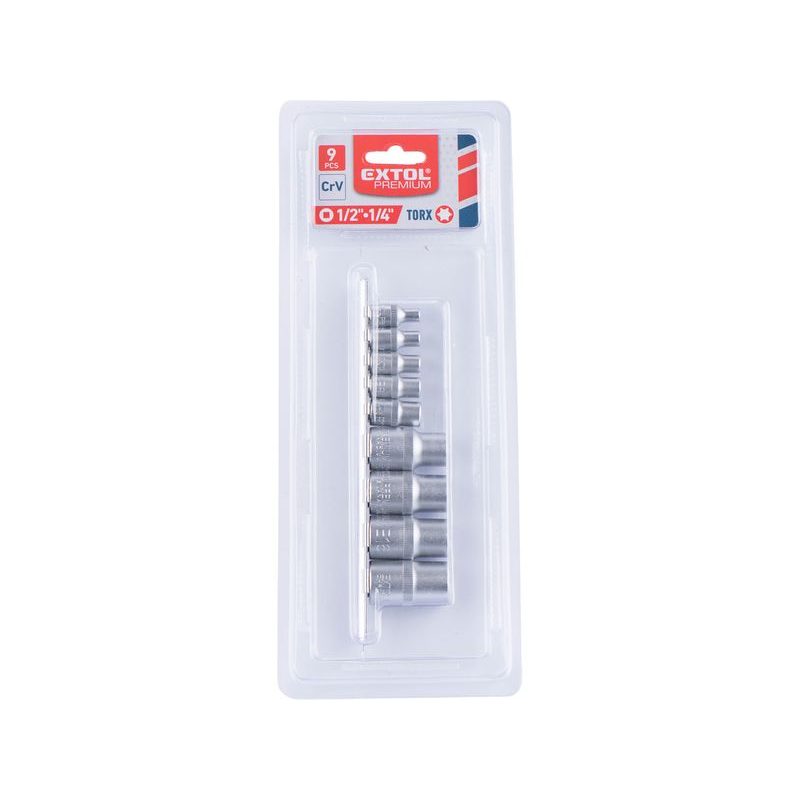 EXTOL PREMIUM HLAVICE NÁSTRČNÉ VNITŘNÍ TORX, SADA 9KS, 1/4",1/2", CRV, 8818114 - GOLA SADY - RUČNÍ NÁŘADÍ