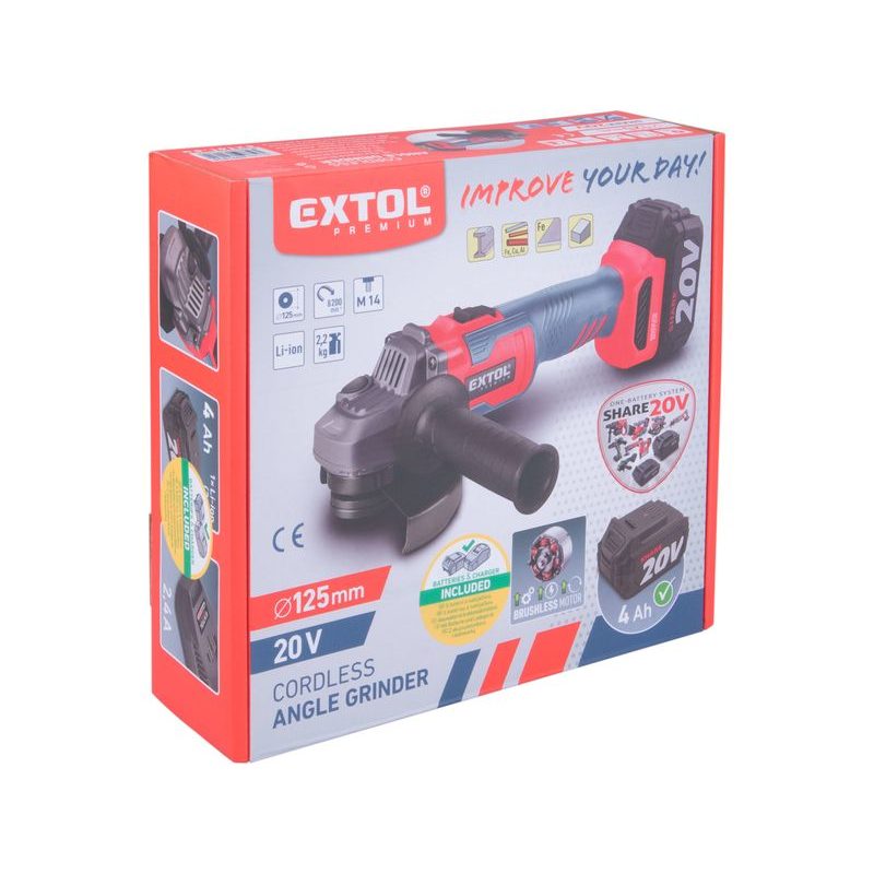 EXTOL PREMIUM BRUSKA ÚHLOVÁ AKU SHARE20V, 125MM, BRUSHLESS, 4AH, 8891838 - AKU UHLOVÉ BRUSKY - AKU NÁŘADÍ