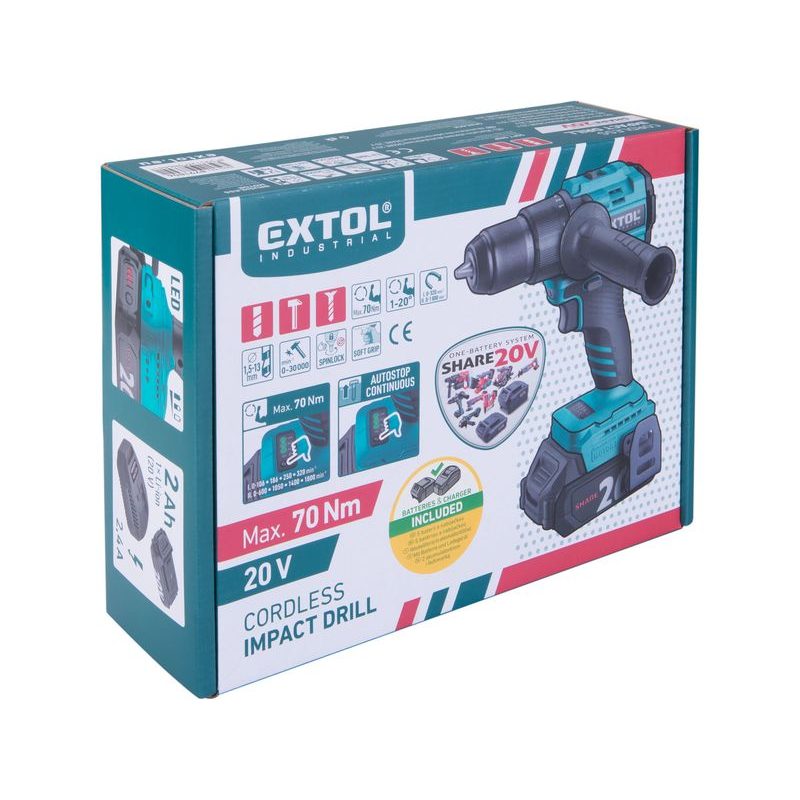 EXTOL INDUSTRIAL VRTACÍ ŠROUBOVÁK AKU S PŘÍKLEPEM SHARE20V, 70NM, BRUSHLESS, 2AH, 8791806 - PŘÍKLEPOVÝ ŠROUBOVÁK 18V - 20V - AKU NÁŘADÍ