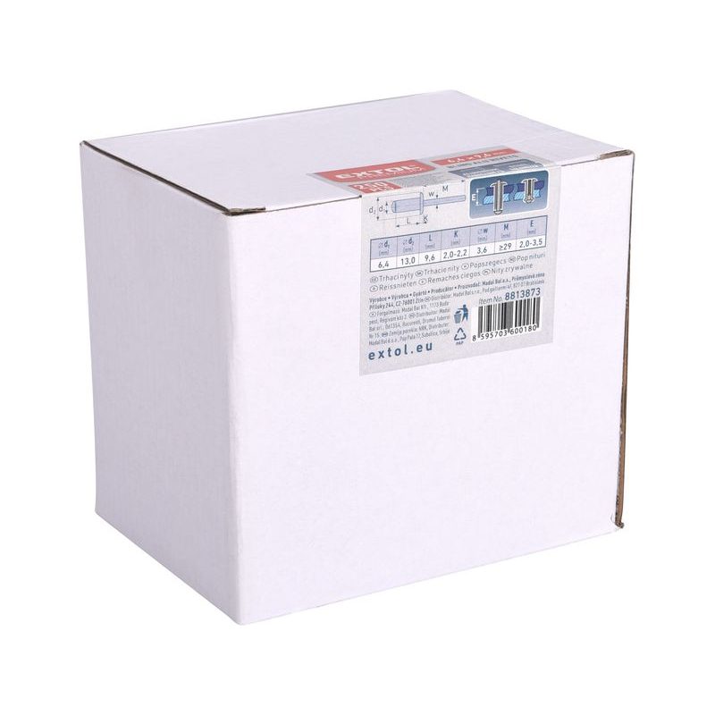 EXTOL PREMIUM NÝTY TRHACÍ HLINÍKOVÉ SADA 250KS, O 6,4X9,6MM PLOCHÁ HLAVA, 8813873 - PRO NÝTOVAČKY - PŘÍSLUŠENSTVÍ