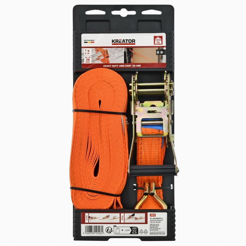 KREATOR KRTH40809 UPÍNACÍ POPRUH RÁČNOVÝ S HÁKY 1000KG / 9M HIGH QUALITY - UPÍNACÍ PÁSY (KURTNY) A GUMY - DÍLNA A GARÁŽ
