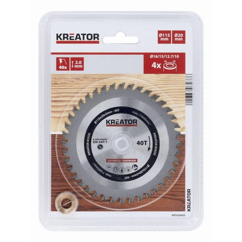 KREATOR KRT020435 PILOVÝ KOTOUČ NA DŘEVO 115MM, 40T - PRŮMĚR 85, 136 A 140 - PŘÍSLUŠENSTVÍ