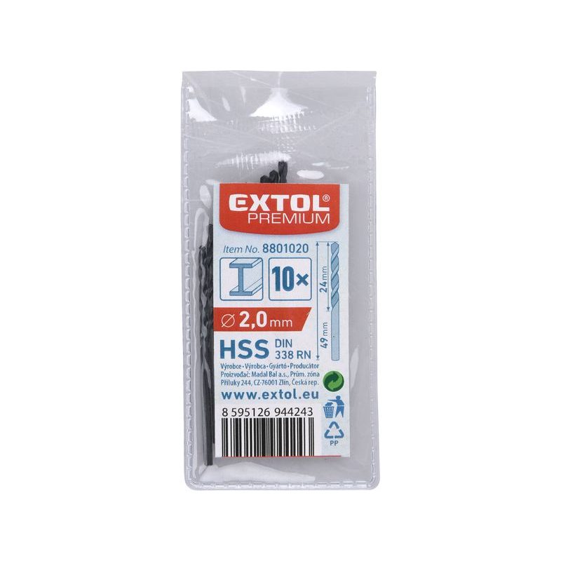 EXTOL PREMIUM VRTÁK DO KOVU HSS, BAL 10KS, O 2,0MM, 8801020 - VRTÁKY DO KOVU HSS EXTOL - PŘÍSLUŠENSTVÍ