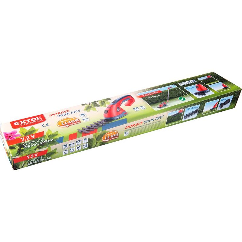 EXTOL PREMIUM NŮŽKY NA TRÁVU A ŽIVÉ PLOTY AKU S TELESKOPICKOU NÁSADOU, 7,2V LI-ION, 1500MAH, 8895602 - AKUMULÁTOROVÝ PLOTOSTŘIH - ZAHRADA