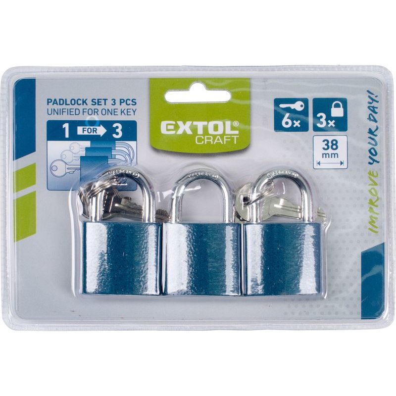 EXTOL CRAFT ZÁMKY VISACÍ SJEDNOCENÉ NA 1 KLÍČ, SADA 3 KS 38MM, 93101 - ZÁMKY VISACÍ - DÍLNA A GARÁŽ