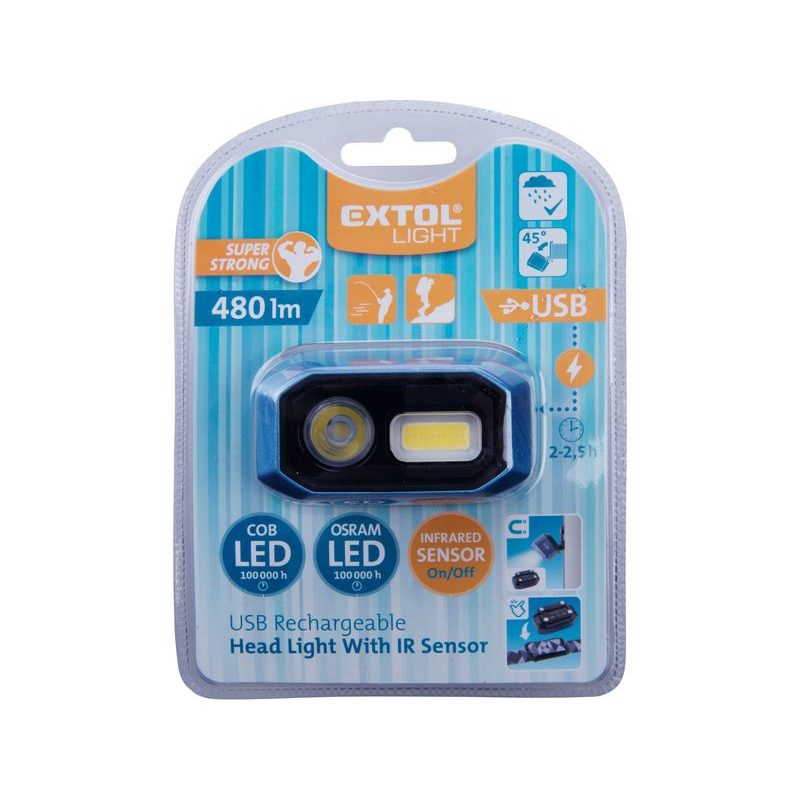EXTOL LIGHT ČELOVKA 480LM, USB NABÍJENÍ, IR ČIDLO, OSRAM LED+COB LED, 43183 - KAPESNÍ SVÍTILNY A ČELOVKY - SVÍTIDLA