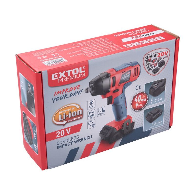 EXTOL PREMIUM UTAHOVÁK RÁZOVÝ 1/2" AKU SHARE20V, 180NM, 20V LI-ION, BEZ BATERIE A NABÍJEČKY, 8891811 - UTAHOVÁK BEZ AKU 18V - AKU NÁŘADÍ