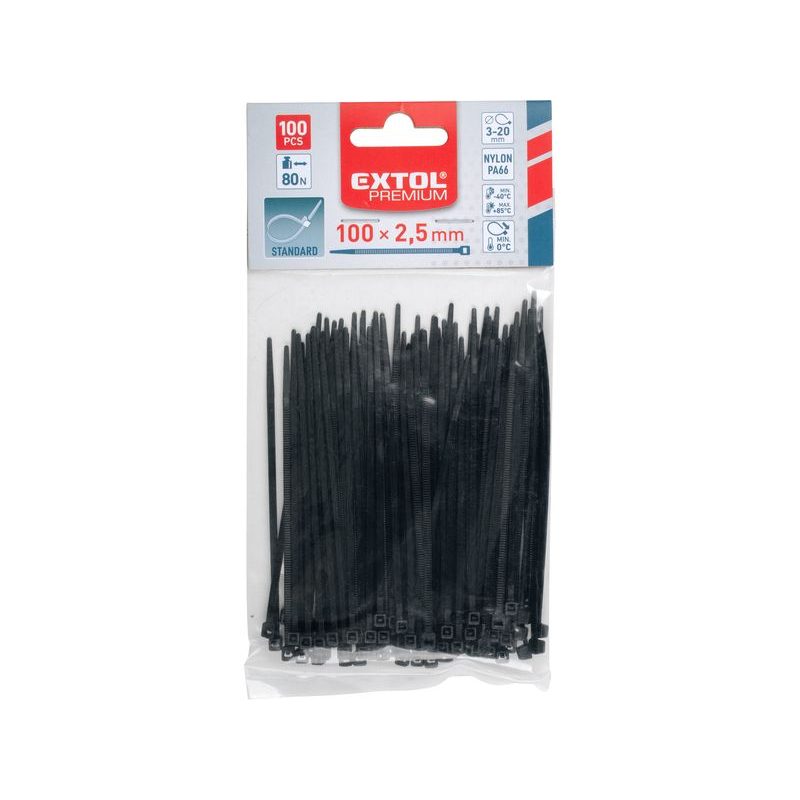 EXTOL PREMIUM PÁSKY STAHOVACÍ NA KABELY ČERNÉ, 100X2,5MM, 100KS, NYLON PA66, 8856152 - STAHOVACÍ PÁSKY, ZDRHY - DÍLNA A GARÁŽ