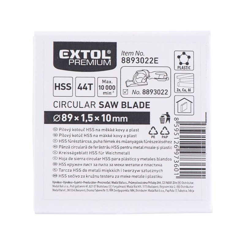 EXTOL PREMIUM KOTOUČ PILOVÝ HSS, ⌀89×1×10MM, 44T, 8893022E - PRO PILY EXTOL - NÁHRADNÍ DÍLY