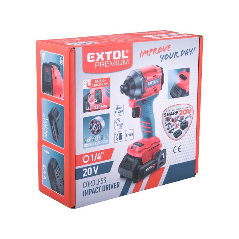 EXTOL PREMIUM UTAHOVÁK RÁZOVÝ 1/4" AKU SHARE20V, BRUSHLESS, 2AH, 8891814 - RÁZOVÝ UTAHOVÁK 18V - AKU NÁŘADÍ