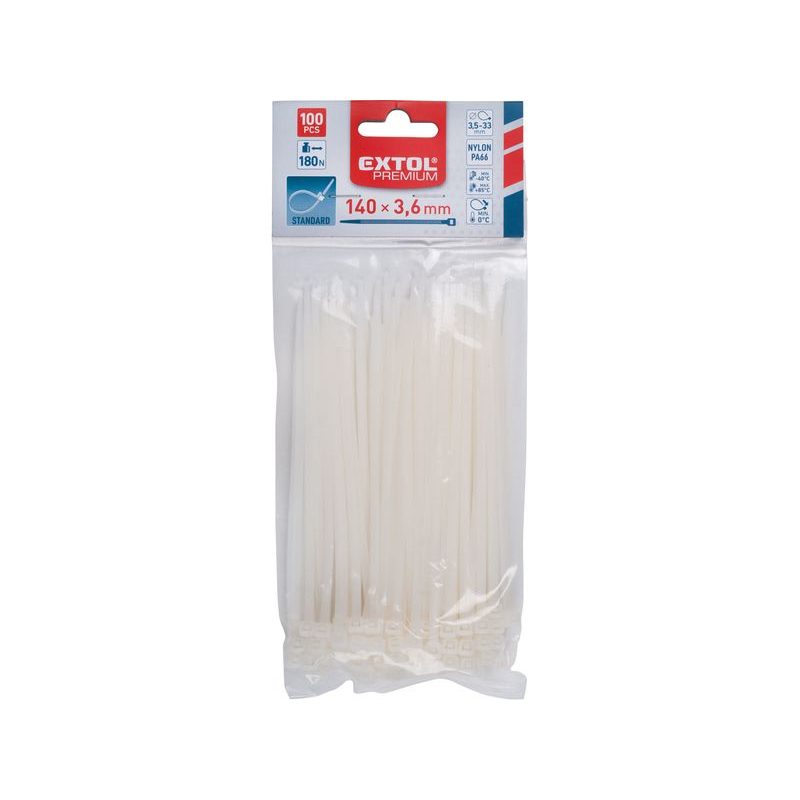 EXTOL PREMIUM PÁSKY STAHOVACÍ NA KABELY BÍLÉ, 140X3,6MM, 100KS, NYLON PA66, 8856105 - STAHOVACÍ PÁSKY, ZDRHY - DÍLNA A GARÁŽ