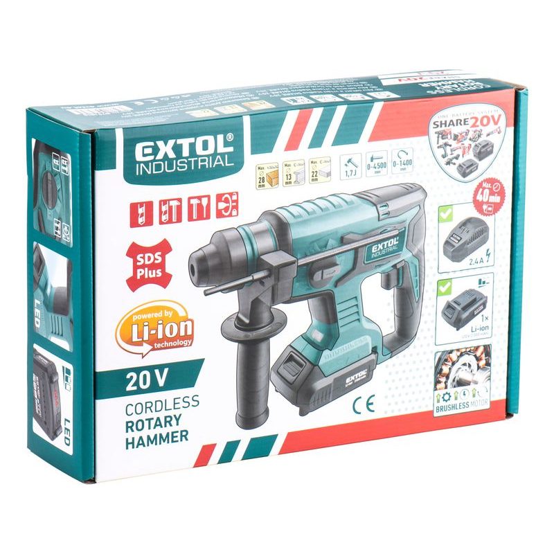 EXTOL INDUSTRIAL KLADIVO VRTACÍ AKU SHARE20V, 1,7J, SDS PLUS, BRUSHLESS, 20V LI-ION, 2AH, 8791818 - AKU VRTACÍ, SEKACÍ A KOMBINOVANÁ KLADIVA - AKU NÁŘADÍ