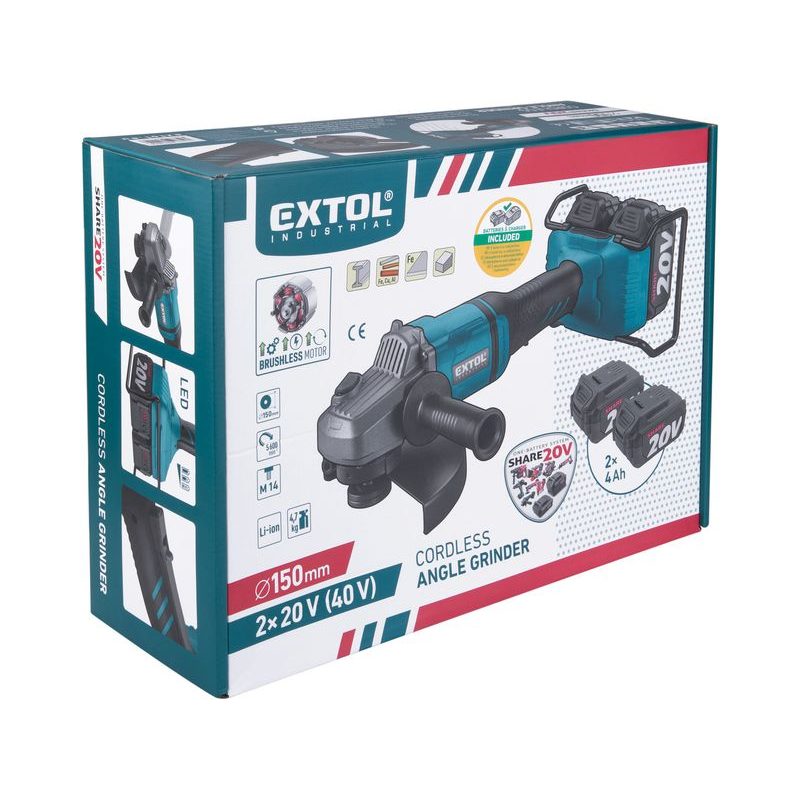 EXTOL INDUSTRIAL BRUSKA ÚHLOVÁ AKU SHARE20V, 150/180MM, BRUSHLESS, 2X4AH, 8791846 - AKU UHLOVÉ BRUSKY - AKU NÁŘADÍ