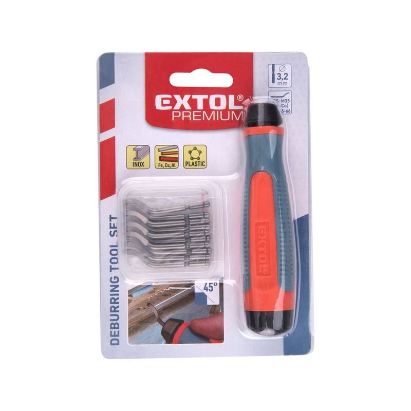 EXTOL PREMIUM ODHROTOVAČ UNIVERZÁLNÍ, DŘÍK 3,2MM +10KS NÁHRADNÍCH ČEPELÍ, HSS M35 (5% CO), 8803680 - PILNÍKY, RAŠPLE, HOBLÍKY - RUČNÍ NÁŘADÍ