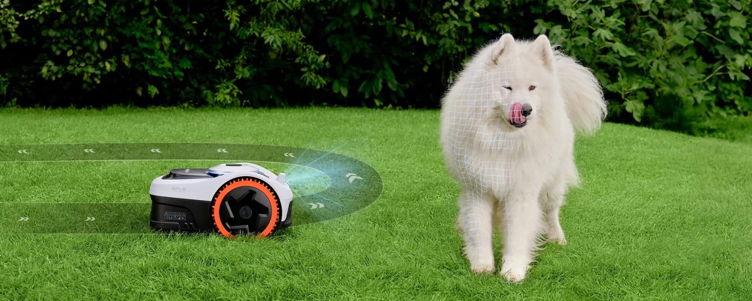 Navimow i205E AWD next to a dog