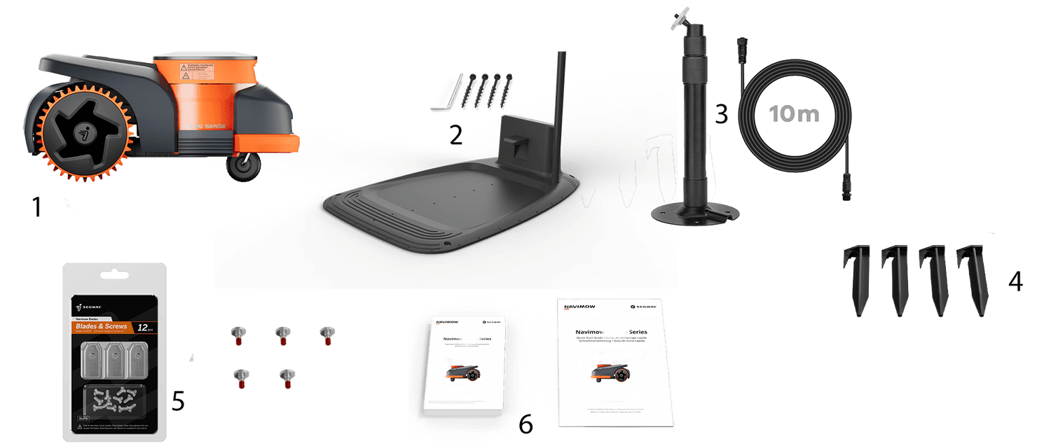 Mower, charging station, power supply, GNSS antenna, replacement blades and documentation