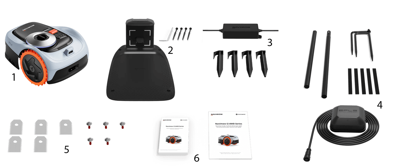 Mower, charging station, power supply, GNSS antenna, spare blades and documentation